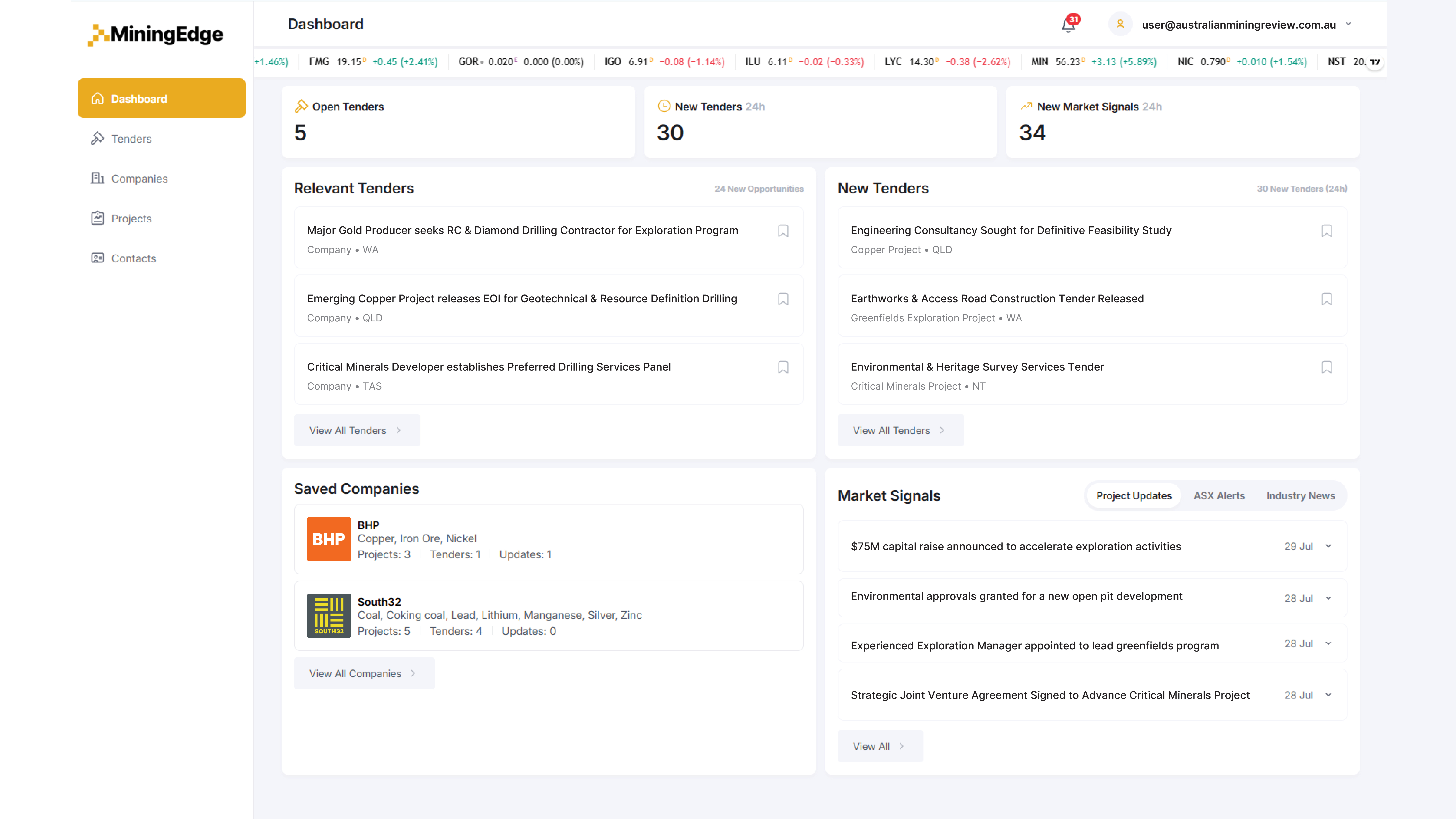MiningEdge dashboard showing tenders, companies and market signals